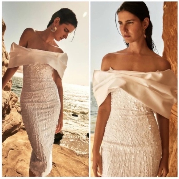 Eliya The Label Tanya Off The Shoulder Sequin Midi Dress White NWT